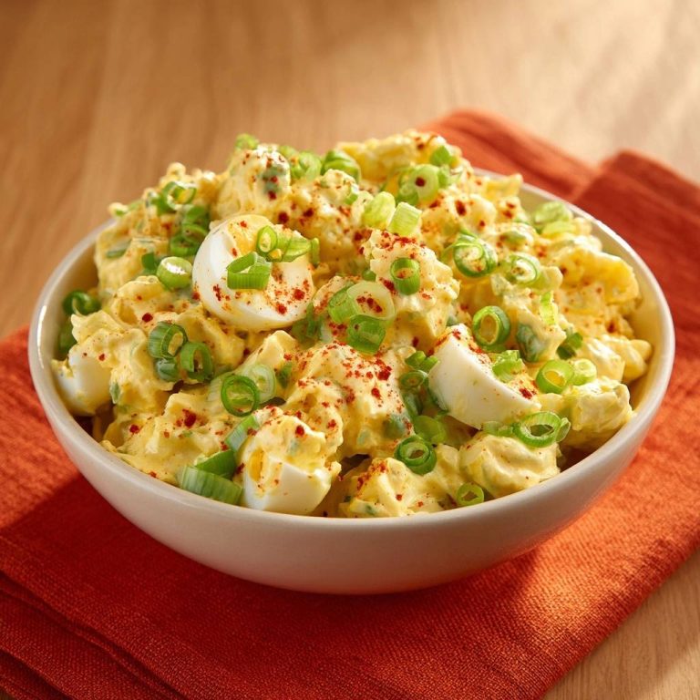 Cremiger Eiersalat mit Frühlingszwiebeln und Paprika, nahaufnahme in einer Schüssel mit Paprikapulver bestreut