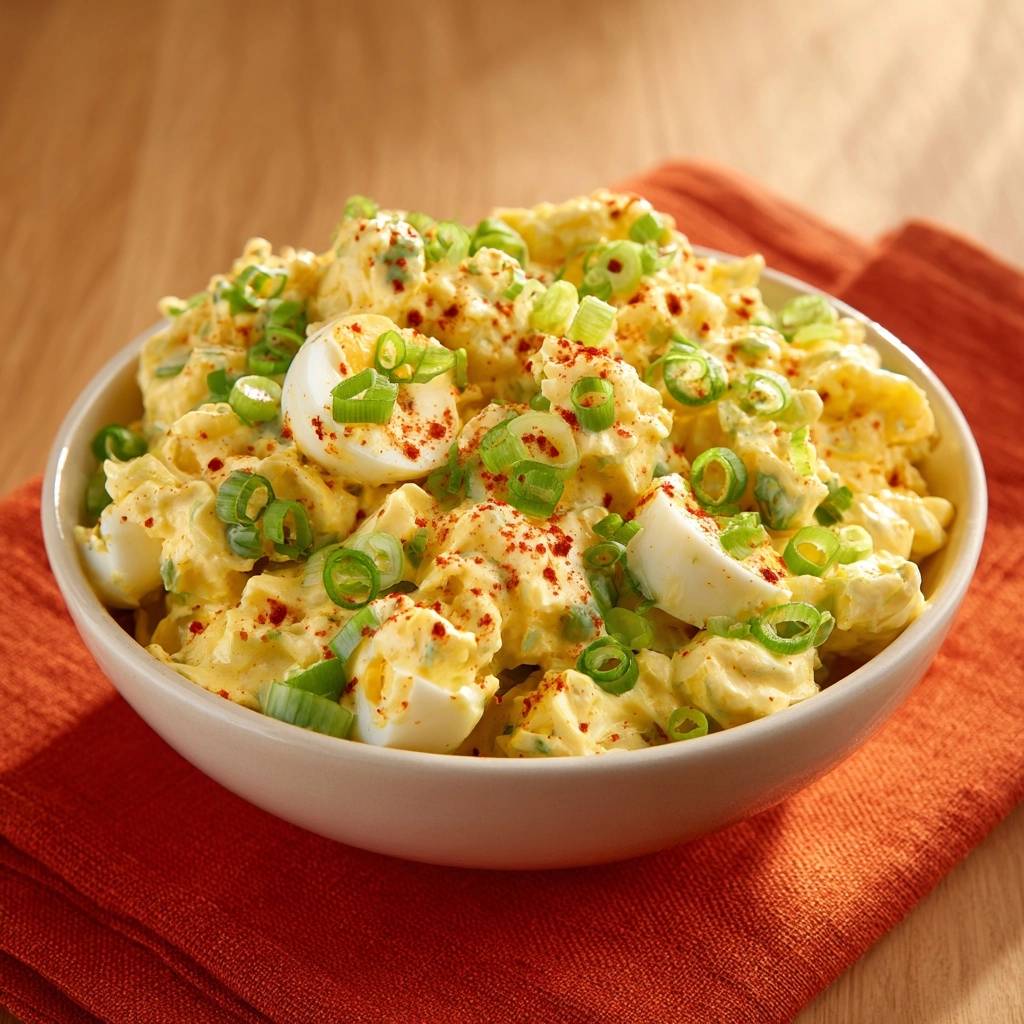 Cremiger Eiersalat mit Frühlingszwiebeln und Paprika, nahaufnahme in einer Schüssel mit Paprikapulver bestreut