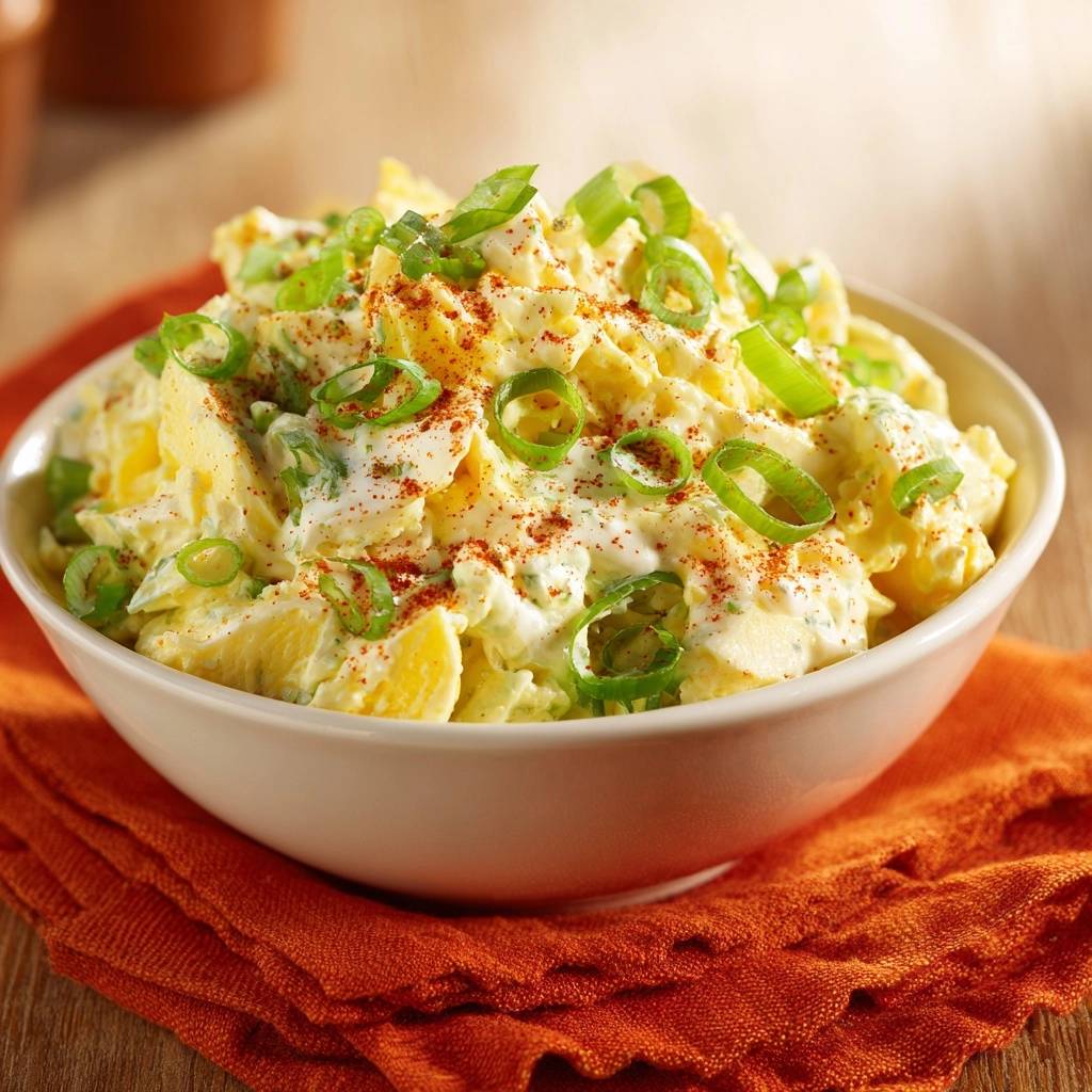 Cremiger Eiersalat mit Frühlingszwiebeln und Paprika, serviert in einer Schüssel mit einem Löffel und garniert mit Schnittlauch.