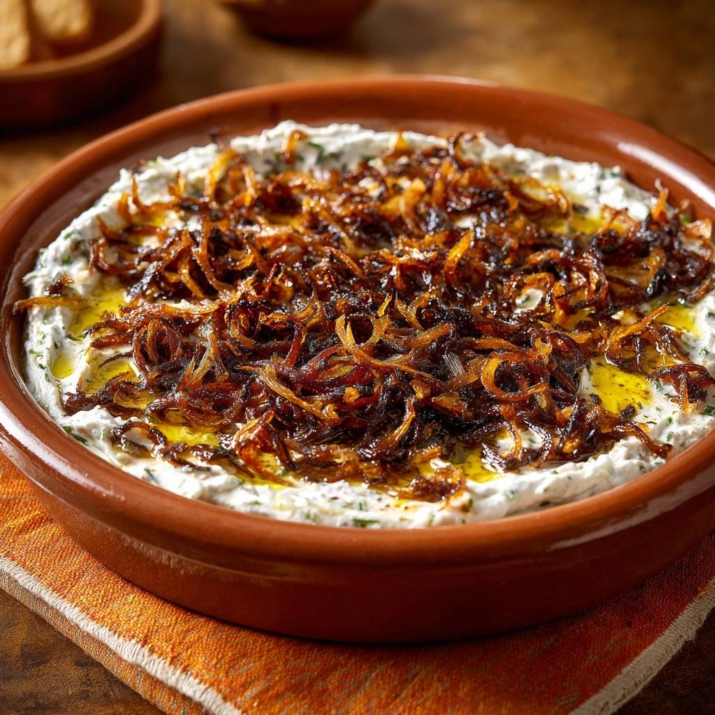 Cremiger Kräuter-Joghurt-Dip mit knusprigen Zwiebeln, Nahaufnahme der knusprigen Zwiebelgarnitur und des cremigen Dips.
