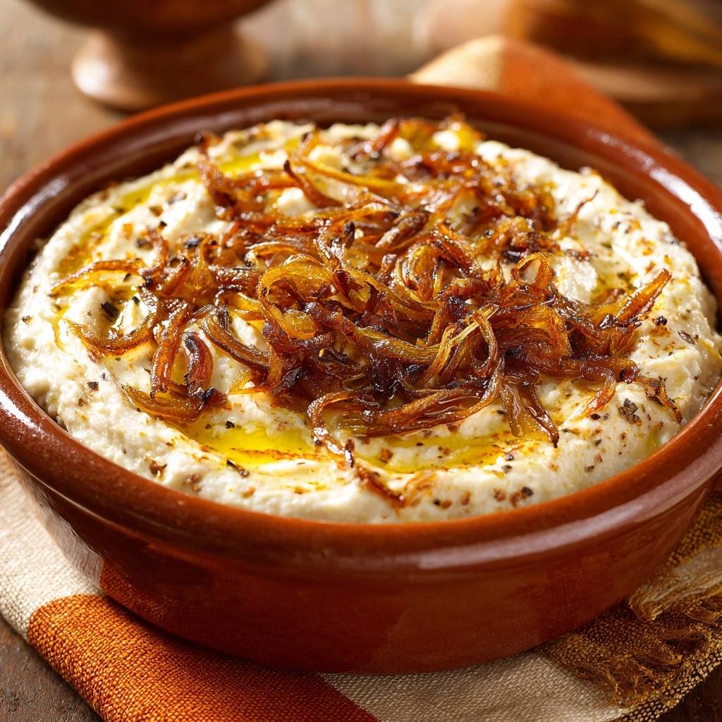 Cremiger Kräuter-Joghurt-Dip mit knusprigen Zwiebeln und einem Schuss Olivenöl als Garnitur.