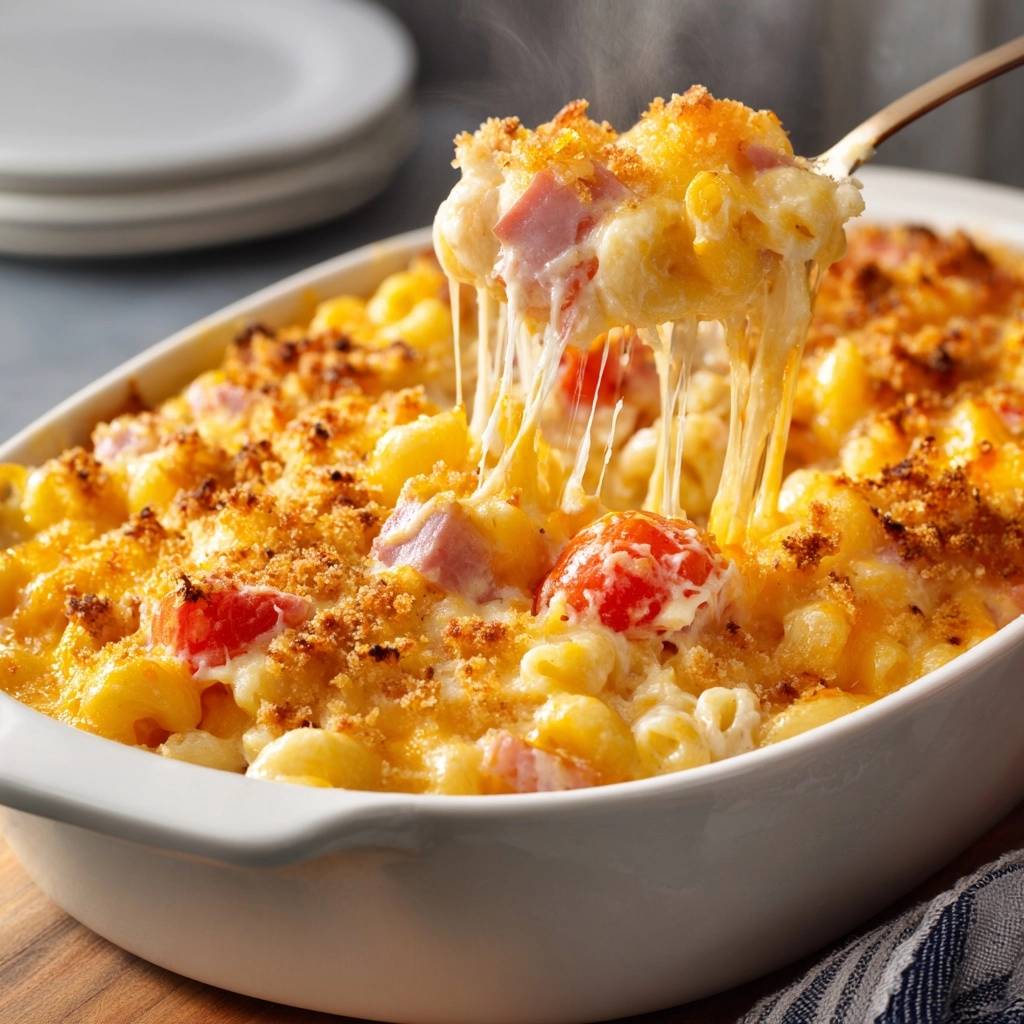 Cremiger Makkaroni-Auflauf mit Schinken und Tomaten, mit einem Löffel herausgenommen, wobei der geschmolzene Käse Fäden zieht.