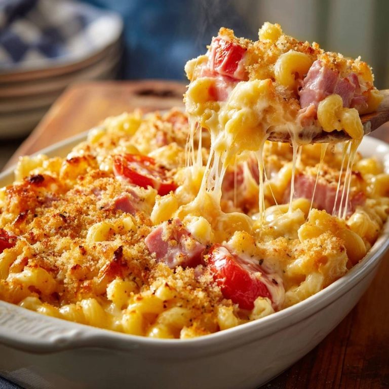 Cremiger Makkaroni-Auflauf mit Schinken und Tomaten, der mit viel geschmolzenem Käse aus einem Löffel gezogen wird.