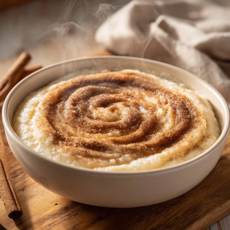 Cremiger Milchreis mit Zimt-Spirale, heiss und dampfend in einer Schüssel serviert, mit Zimt bestreut.