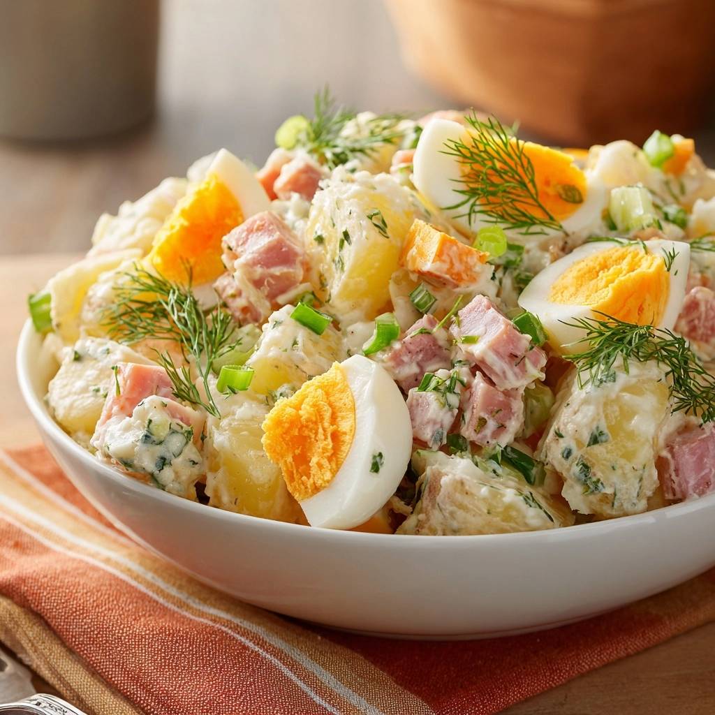 Cremiger Schinken-Kartoffelsalat mit Ei und Dill, nahaufnahme mit frischer Garnitur und sichtbaren Zutaten.