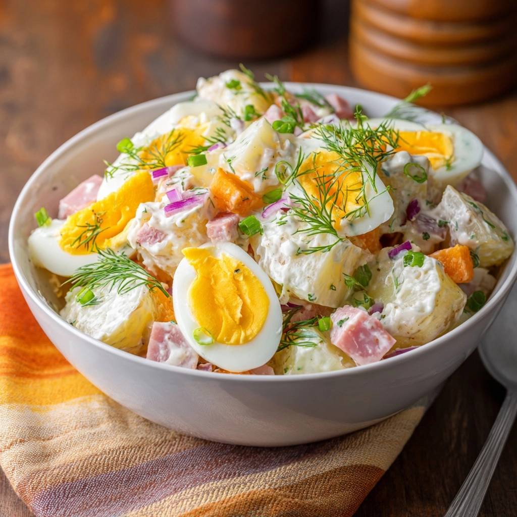 Cremiger Schinken-Kartoffelsalat mit Ei und Dill, nahaufnahme in einer weißen Schüssel serviert.