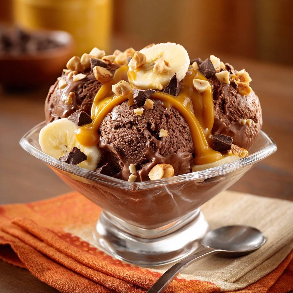 Cremiger Schokoladen-Bananen-Eisbecher mit Karamellsauce, Nüssen und Schokostückchen, detailliert garniert im Glas.