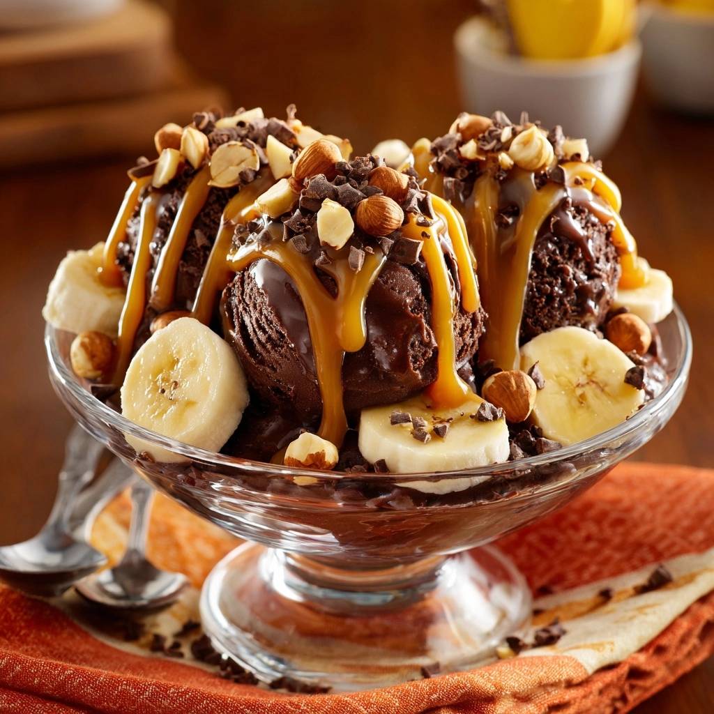 Cremiger Schokoladen-Bananen-Eisbecher mit Karamell und Nüssen, nahaufnahme der garnierten Eiskugeln im Glas
