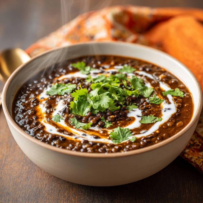 Cremiges Dal Makhani mit Koriander und Sahnehaube, nahaufnahme der Garnitur