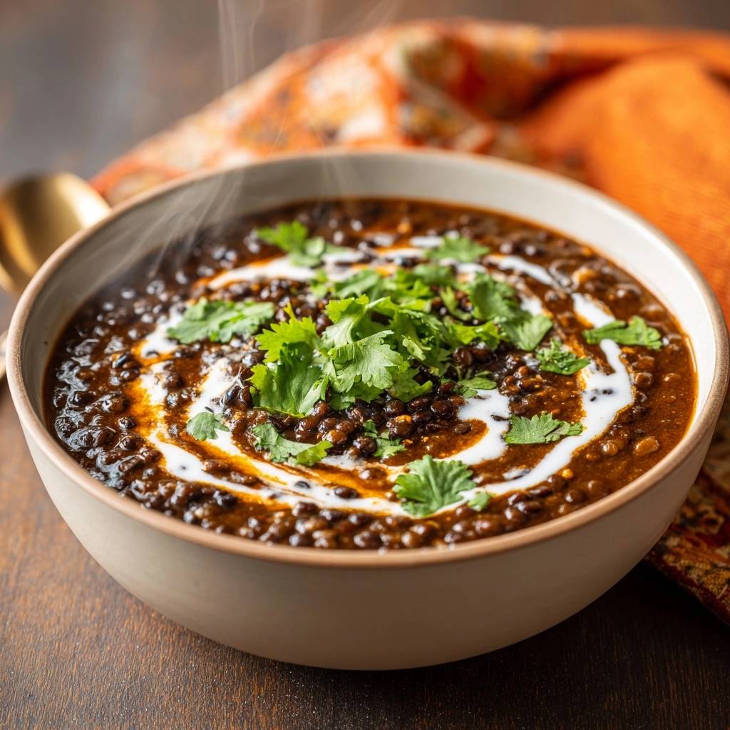 Cremiges Dal Makhani mit Koriander und Sahnehaube, nahaufnahme der Garnitur
