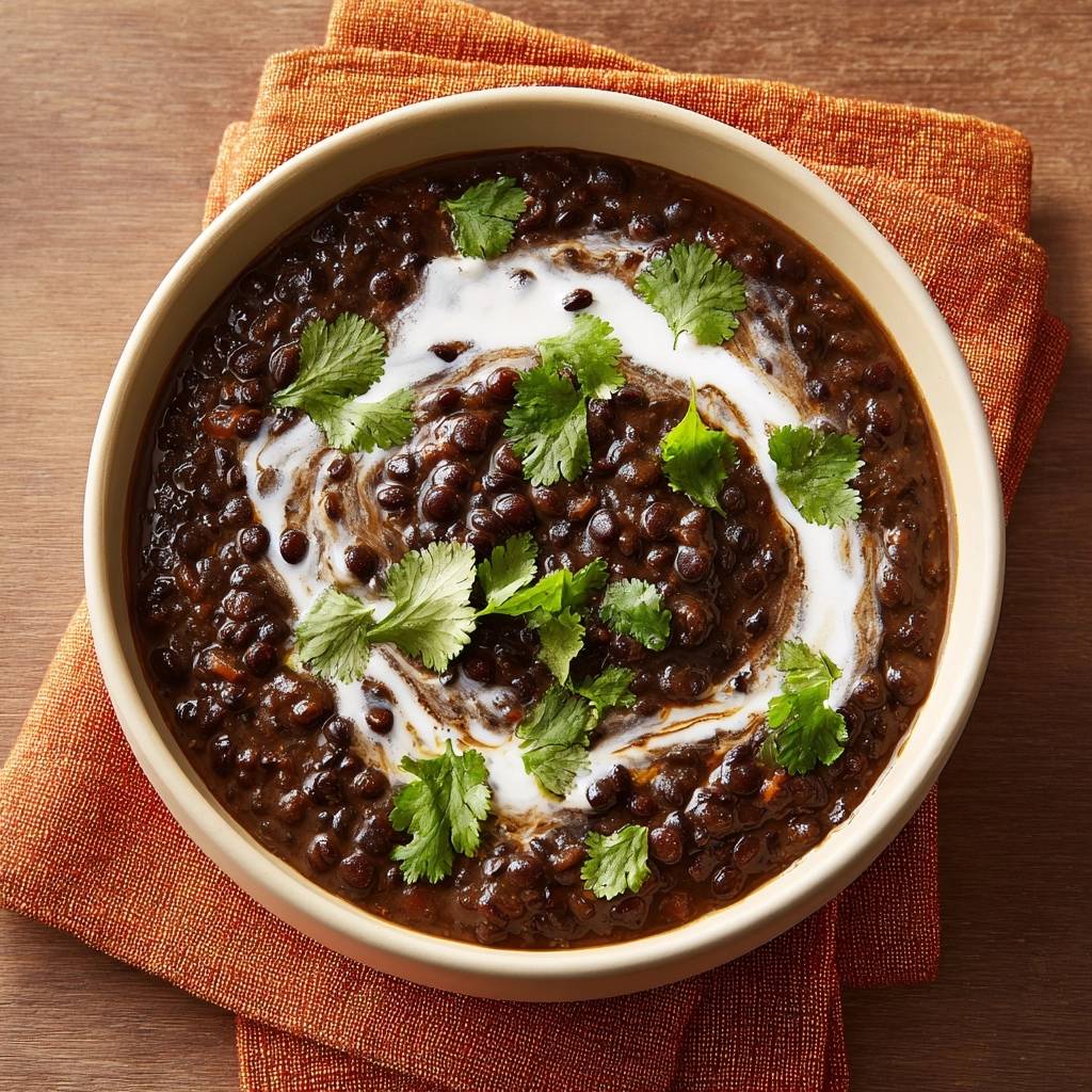 Cremiges Dal Makhani mit Kokosmilch-Wirbel und Koriander garniert, serviert in einer Schüssel.