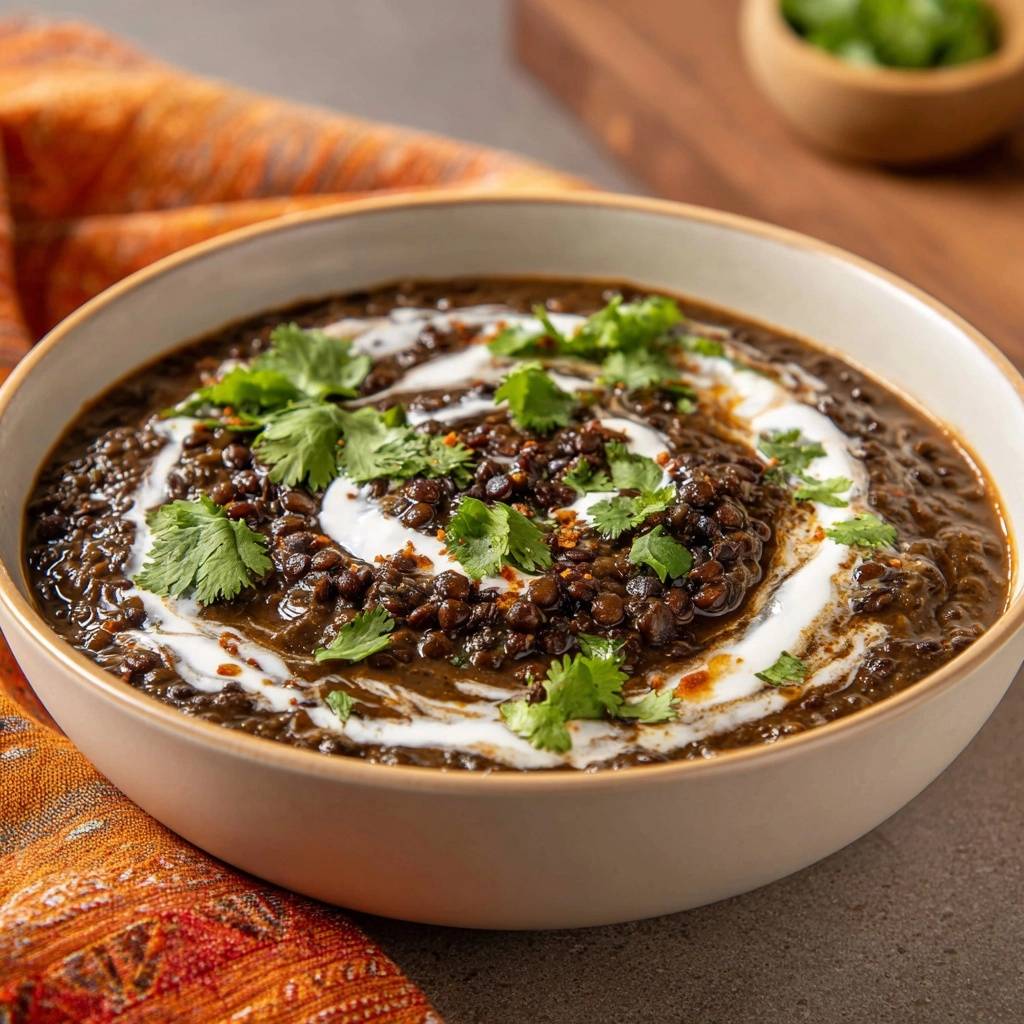 Cremiges Dal Makhani garniert mit Koriander und einem Swirl aus Sahne, Nahaufnahme der Linsenstruktur.