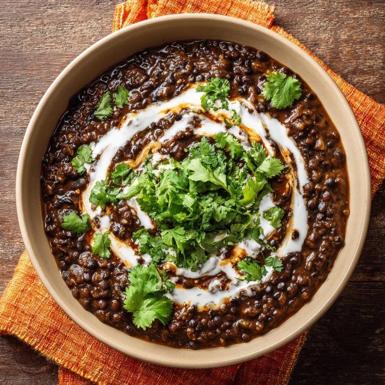 Cremiges Dal Makhani mit Koriander und einem Swirl aus Sahne, von oben fotografiert.