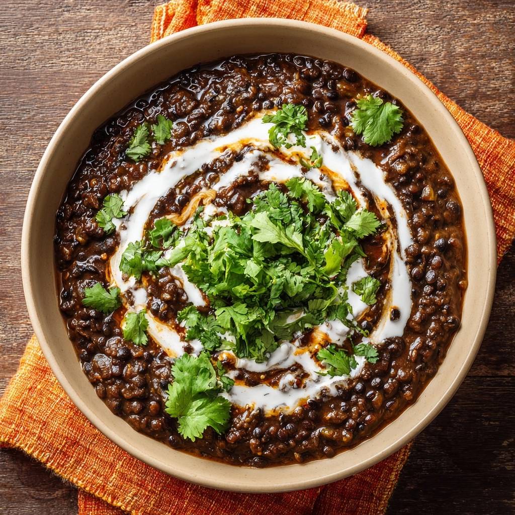 Cremiges Dal Makhani mit Koriander und einem Swirl aus Sahne, von oben fotografiert.
