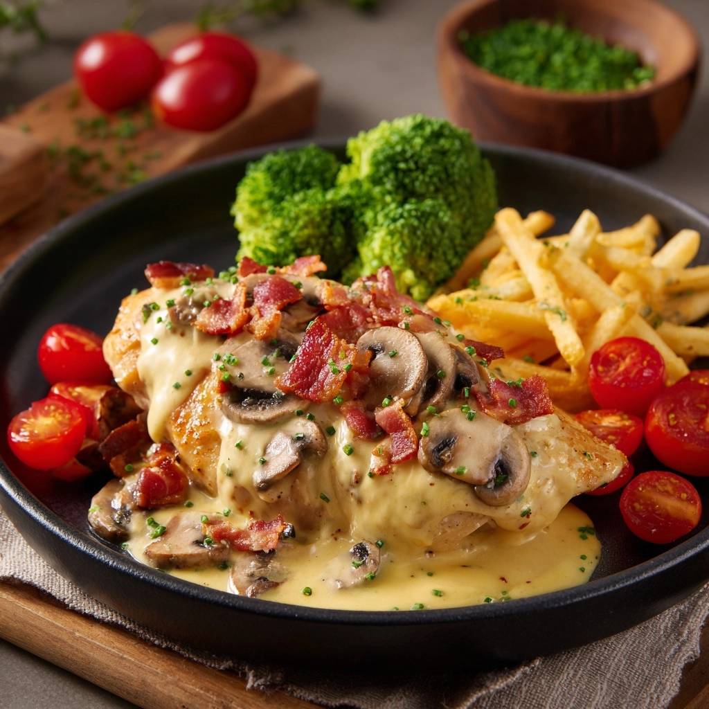 Cremiges Hähnchen mit Pilzen, serviert auf einem Teller mit Pommes Frites, Brokkoli und Kirschtomaten, garniert mit Speck.