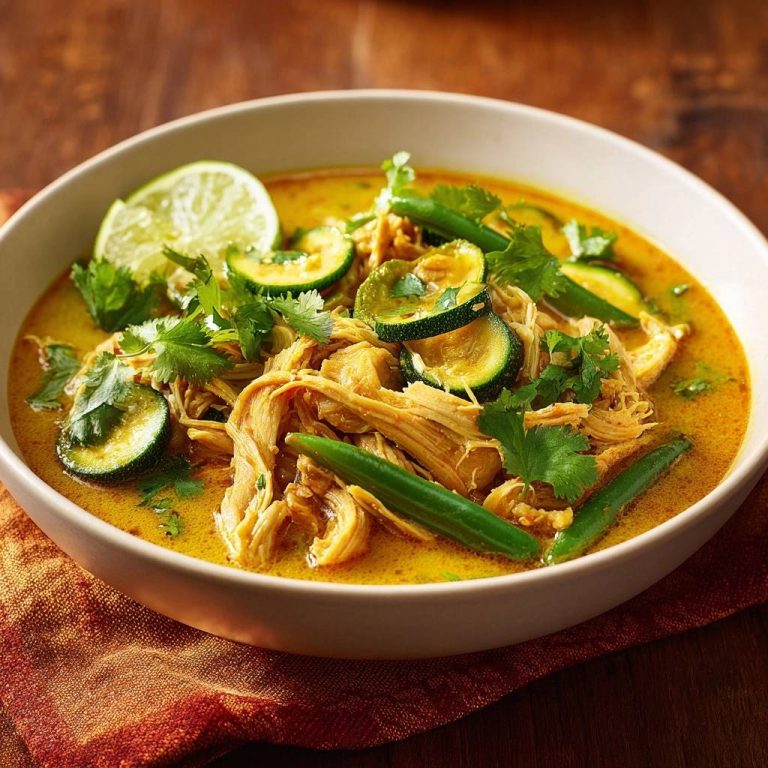 Cremiges Hähnchen-Zucchini-Curry mit Limette und Koriander garniert, eine Nahaufnahme mit Fokus auf die Zucchinischeiben und das zarte Hähnchenfleisch.