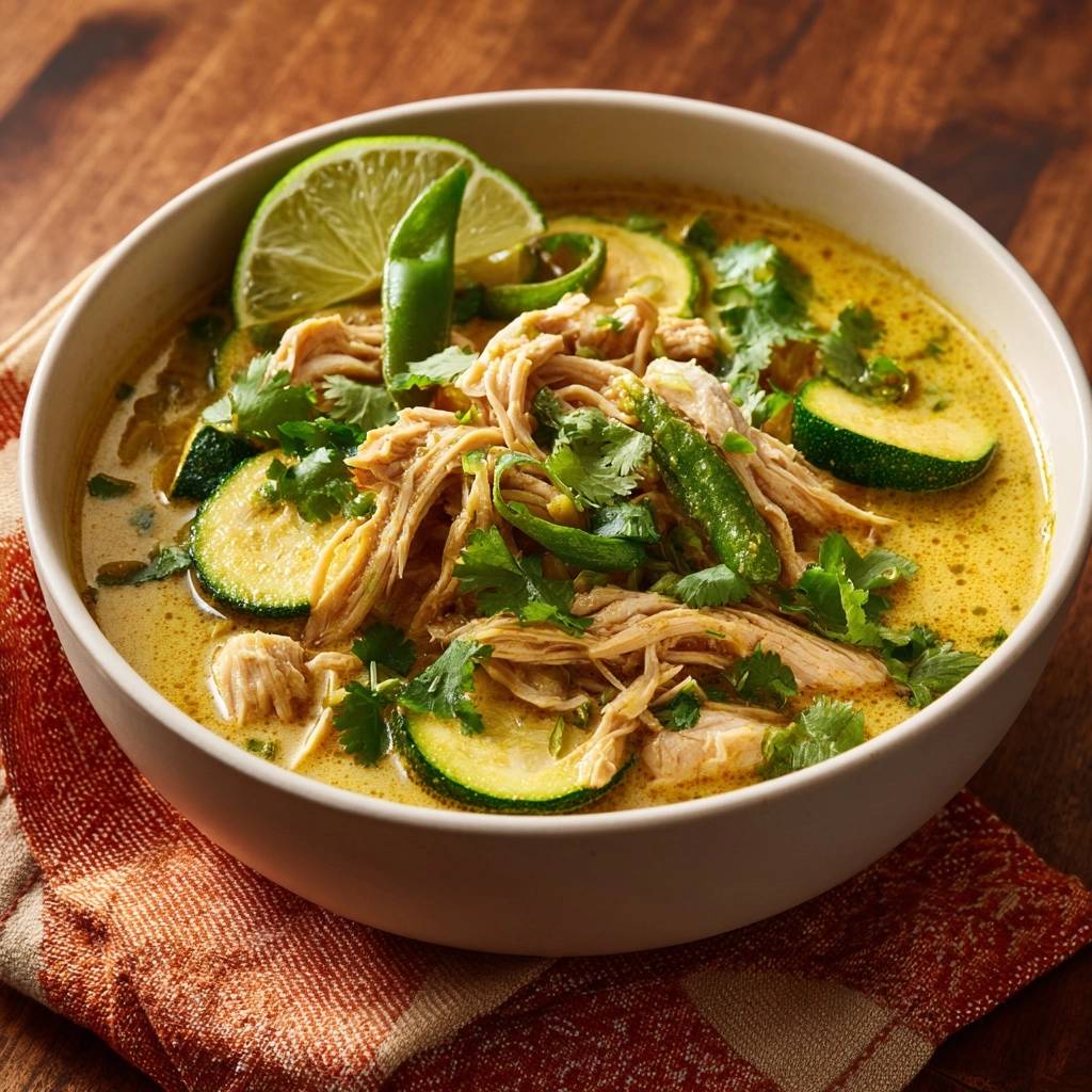 Cremiges Hähnchen-Zucchini-Curry mit frischem Koriander, Limette und Chilis, detailreich garniert in einer weißen Schüssel.