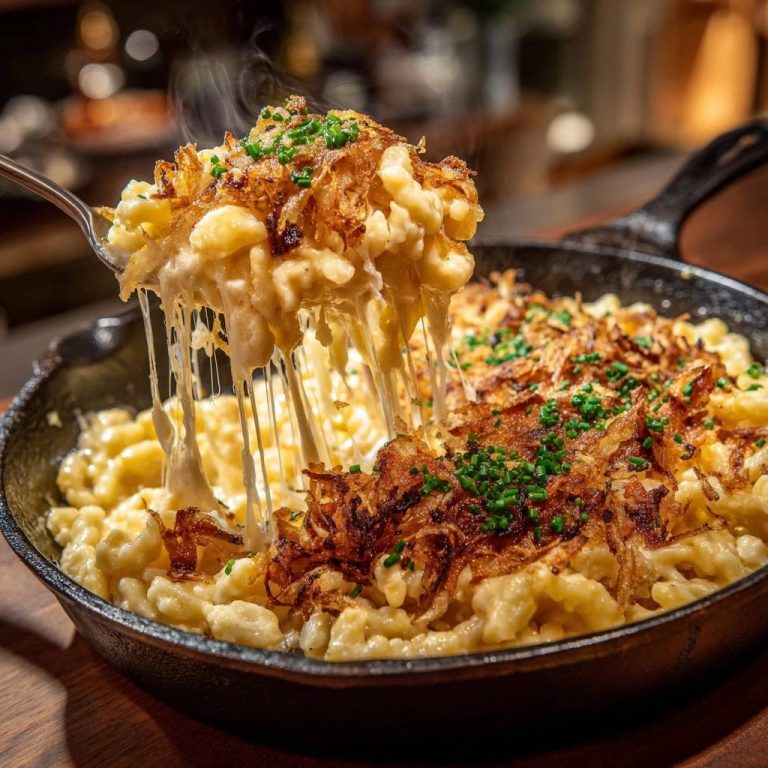 Cremiges Käsespätzle mit knusprigen Zwiebeln, mit einem Löffel herausgehoben, der lange Käsefäden zieht.