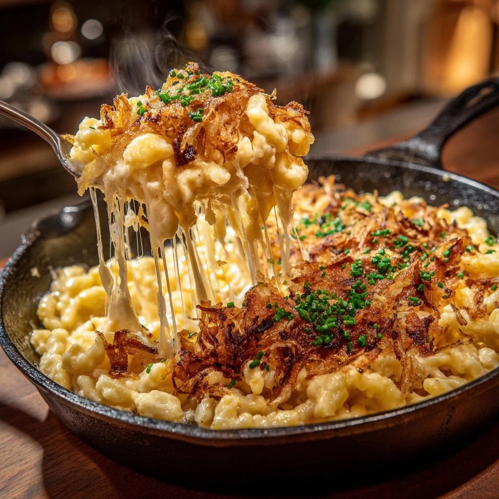 Cremiges Käsespätzle mit knusprigen Zwiebeln, mit einem Löffel herausgehoben, der lange Käsefäden zieht.