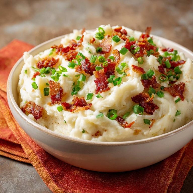 Cremiges Kartoffelpüree mit Speck und Schnittlauch, in einer Schüssel serviert und mit knusprigem Speck und frischem Schnittlauch garniert.