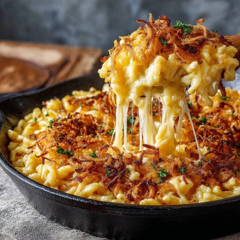 Cremiges Käsemakkaroni mit knusprigen Zwiebeln, ein Löffel mit geschmolzenem Käse wird aus der Pfanne gehoben
