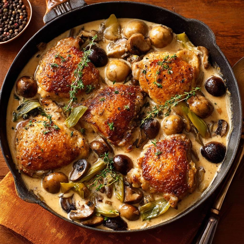 Cremiges Pilz-Hähnchen aus der Pfanne von oben in einer Gusseisenpfanne mit Pilzen und Kräutern garniert.
