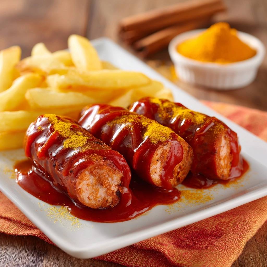 Saftige Currywurst mit Pommes, serviert mit Ketchup und bestreut mit Currypulver auf einem weißen Teller.