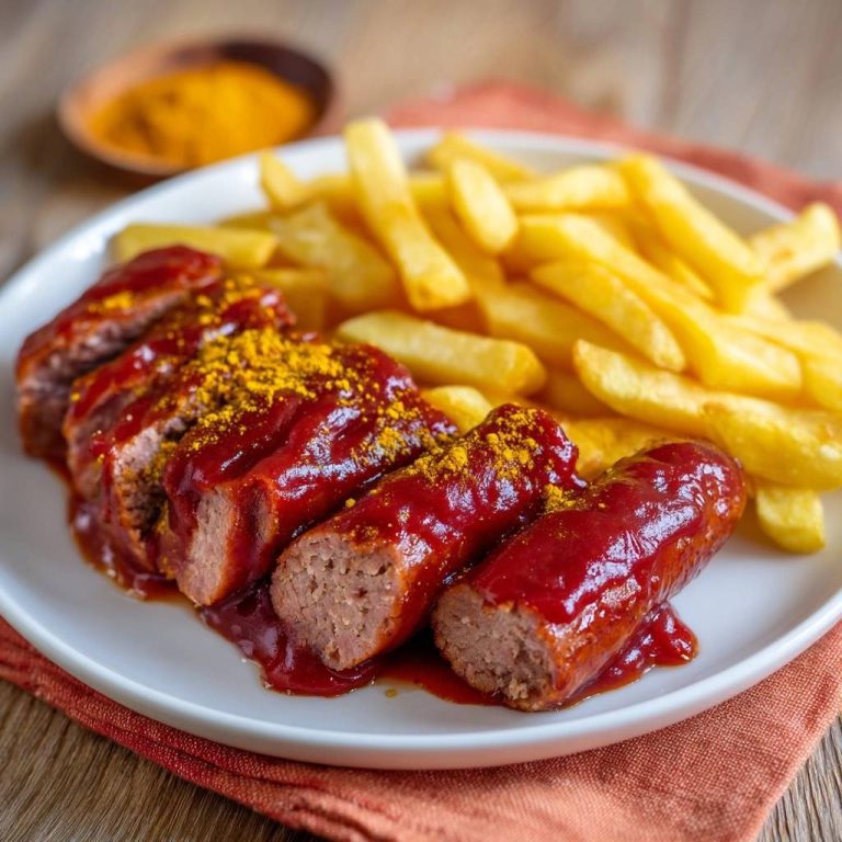 Saftige Currywurst mit Pommes, angeschnitten und mit viel Soße und Currypulver garniert, auf einem Teller serviert