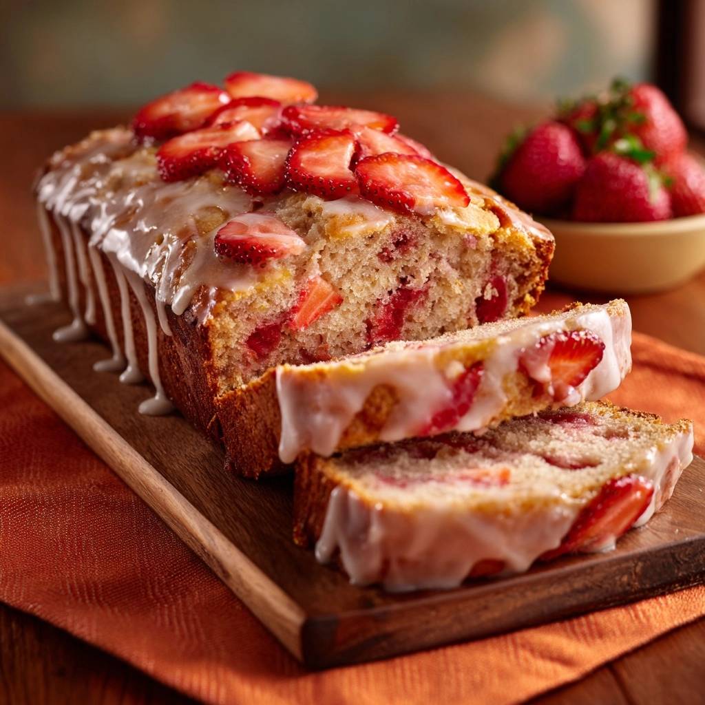 Erdbeerguss-Kuchen angeschnitten, mit sichtbaren Erdbeeren und glänzender Glasur auf einem Holzbrett