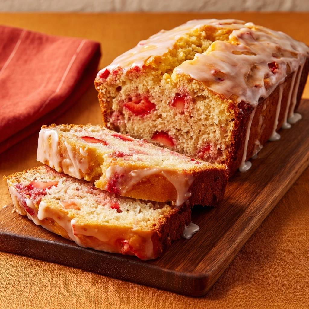 Erdbeerguss-Kuchen angeschnitten, mit saftigen Erdbeeren und einer süßen Glasur, die über die Scheiben läuft.