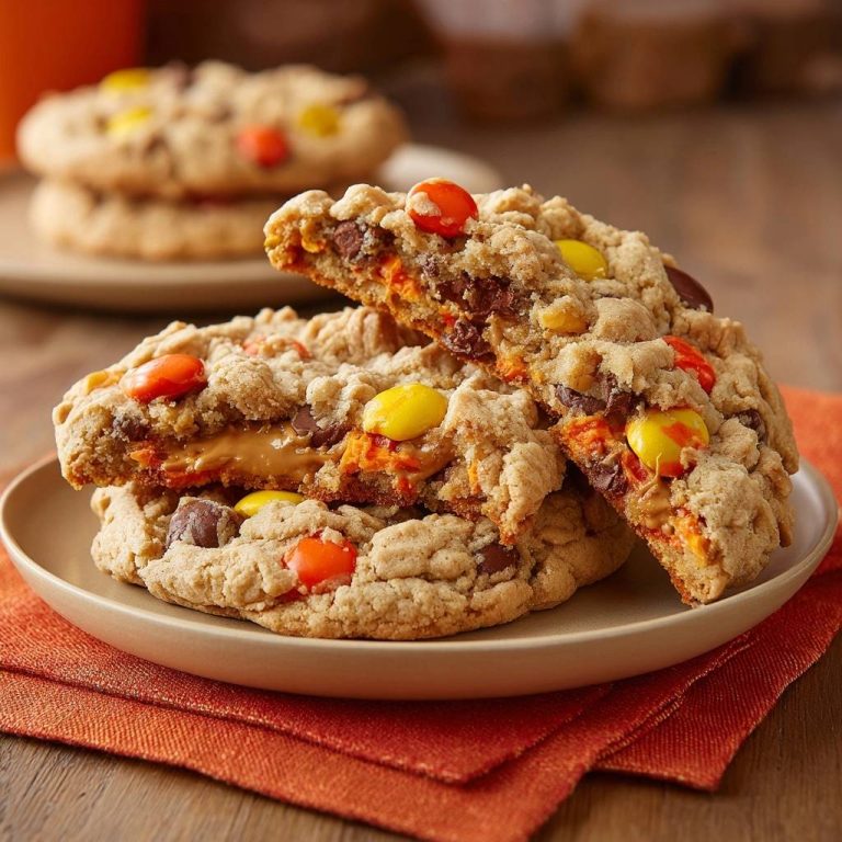 Herbstliche Erdnussbutter-M&M-Cookies angeschnitten, die innen mit Erdnussbutter und Schokoladenstückchen gefüllt sind.