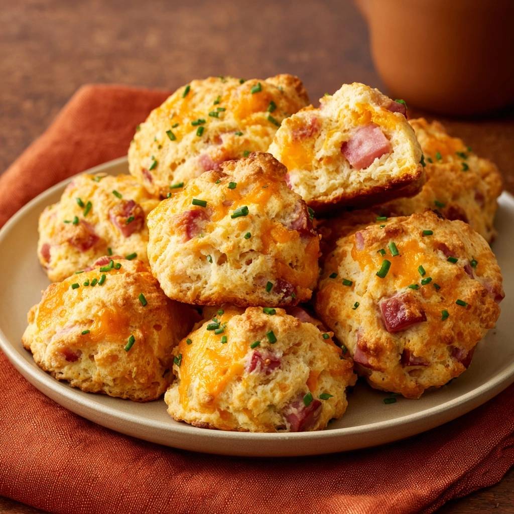 Flauschige Pute-Käse-Scones, angeschnitten auf einem Teller, zeigen den luftigen Innenraum mit Käse und Putenstückchen.