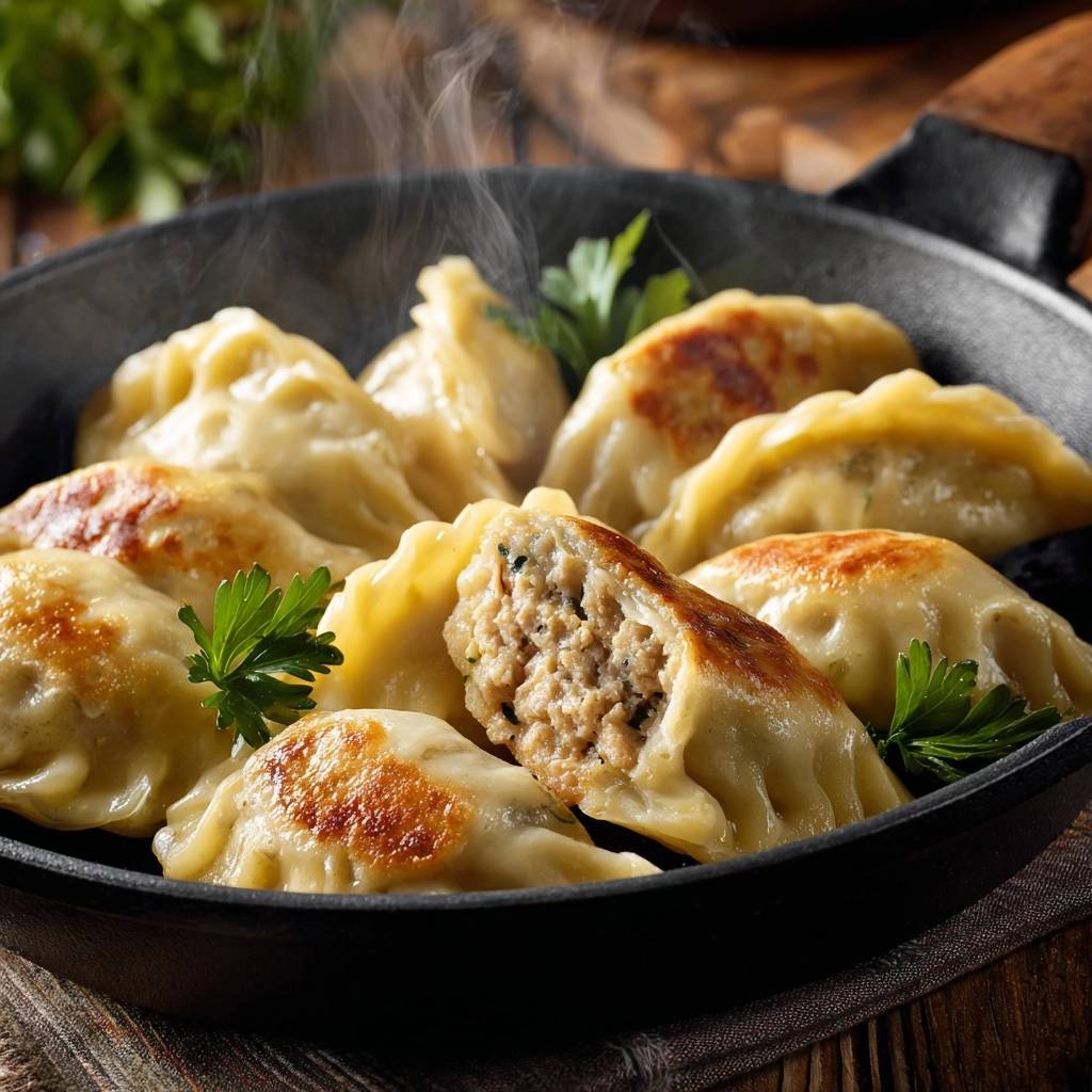 Knusprige Fleisch-Pierogi angeschnitten in einer Pfanne, mit Dampf und frischer Petersilie garniert.