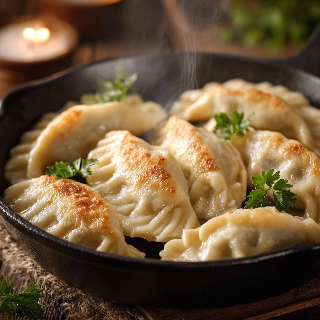 Knusprige Fleisch-Pierogi in einer gusseisernen Pfanne, die dampfend und mit Petersilie garniert serviert werden.