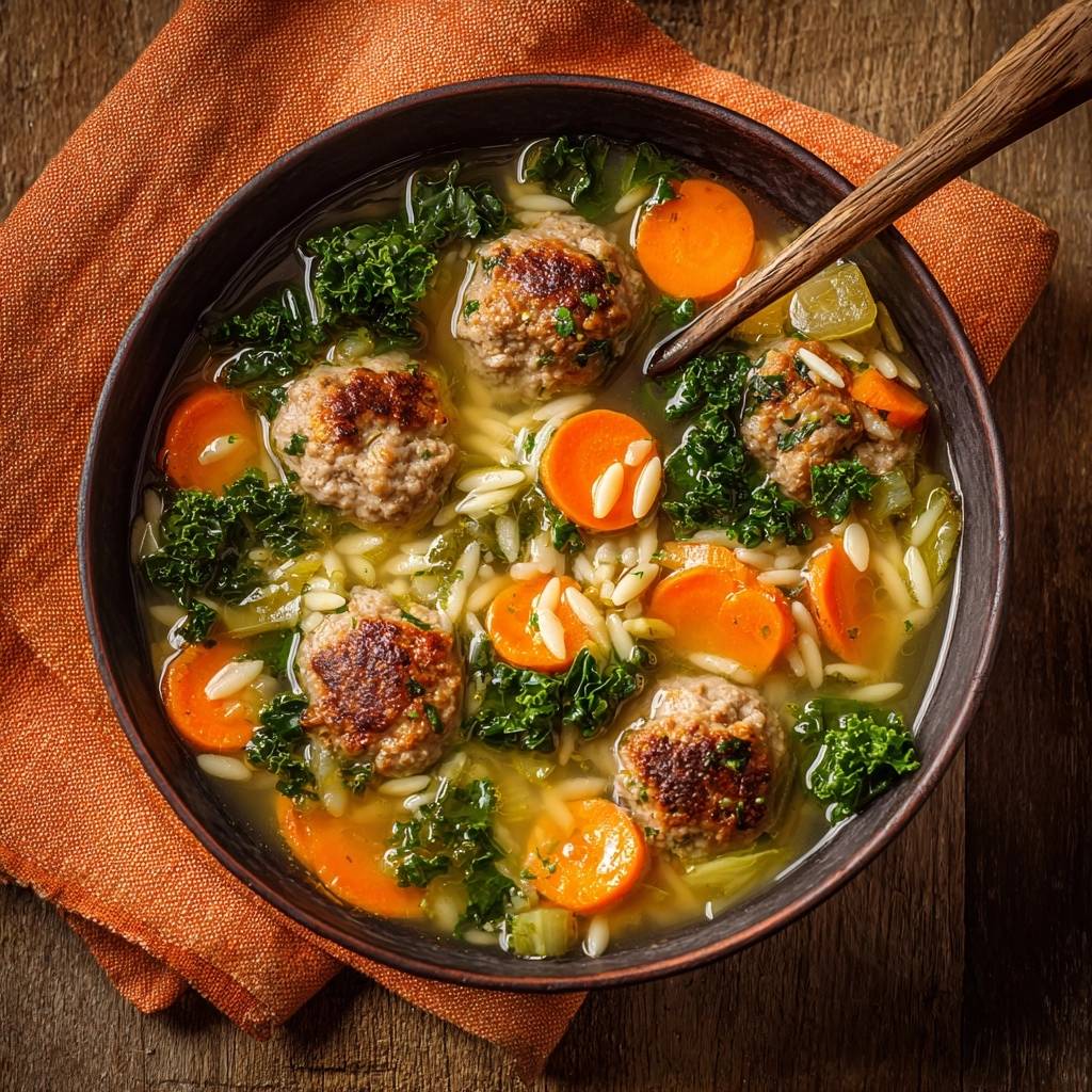 Herzhafter Fleischbällchen-Eintopf mit Orzo und Grünkohl, Nahaufnahme der Fleischbällchen, Orzo-Nudeln, Karotten und Grünkohl in der Brühe.