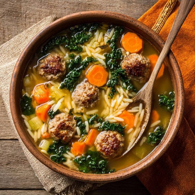 Herzhafter Fleischbällchen-Eintopf mit Orzo und Grünkohl, im Anschnitt mit Holzlöffel in einer Holzschale auf rustikalem Holztisch.