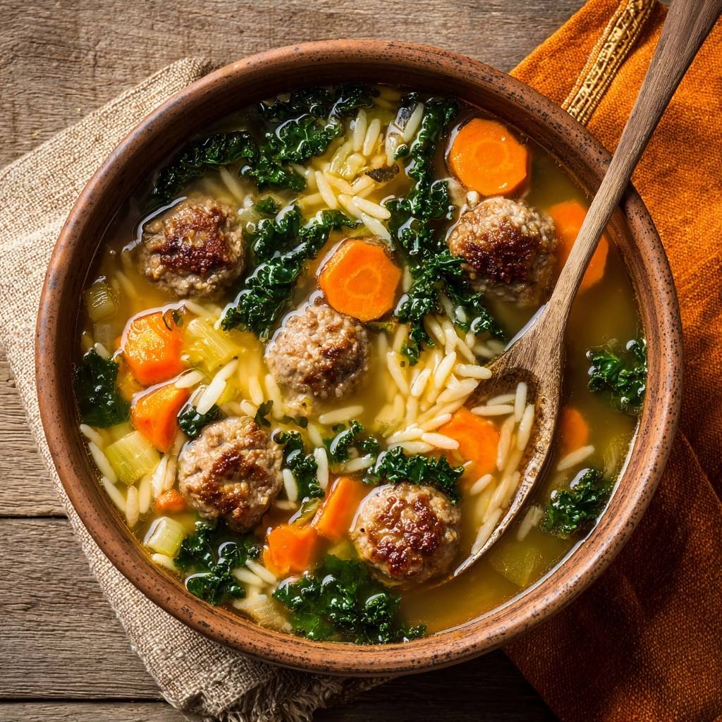 Herzhafter Fleischbällchen-Eintopf mit Orzo und Grünkohl, im Anschnitt mit Holzlöffel in einer Holzschale auf rustikalem Holztisch.