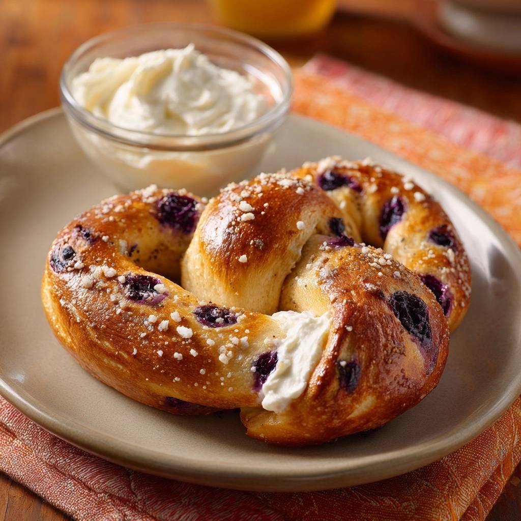 Fluffige Blaubeer-Quark-Brezel, serviert auf einem Teller mit einem Dip aus Quark und Blaubeeren, Nahaufnahme.