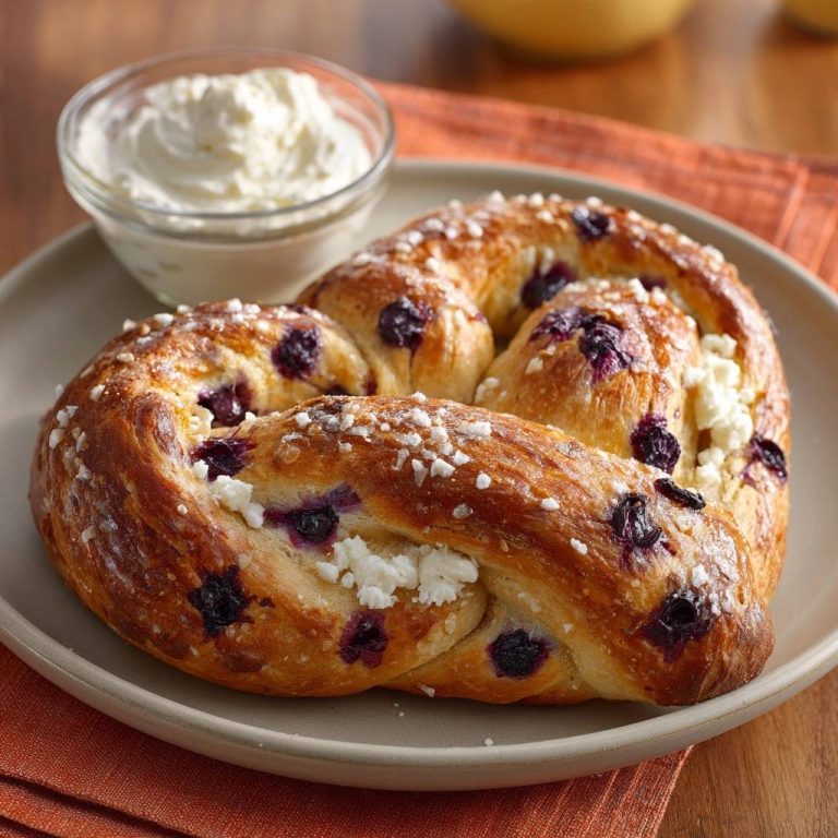Fluffige Blaubeer-Quark-Brezel als Nahaufnahme auf einem Teller mit einem Schälchen Dip daneben serviert.