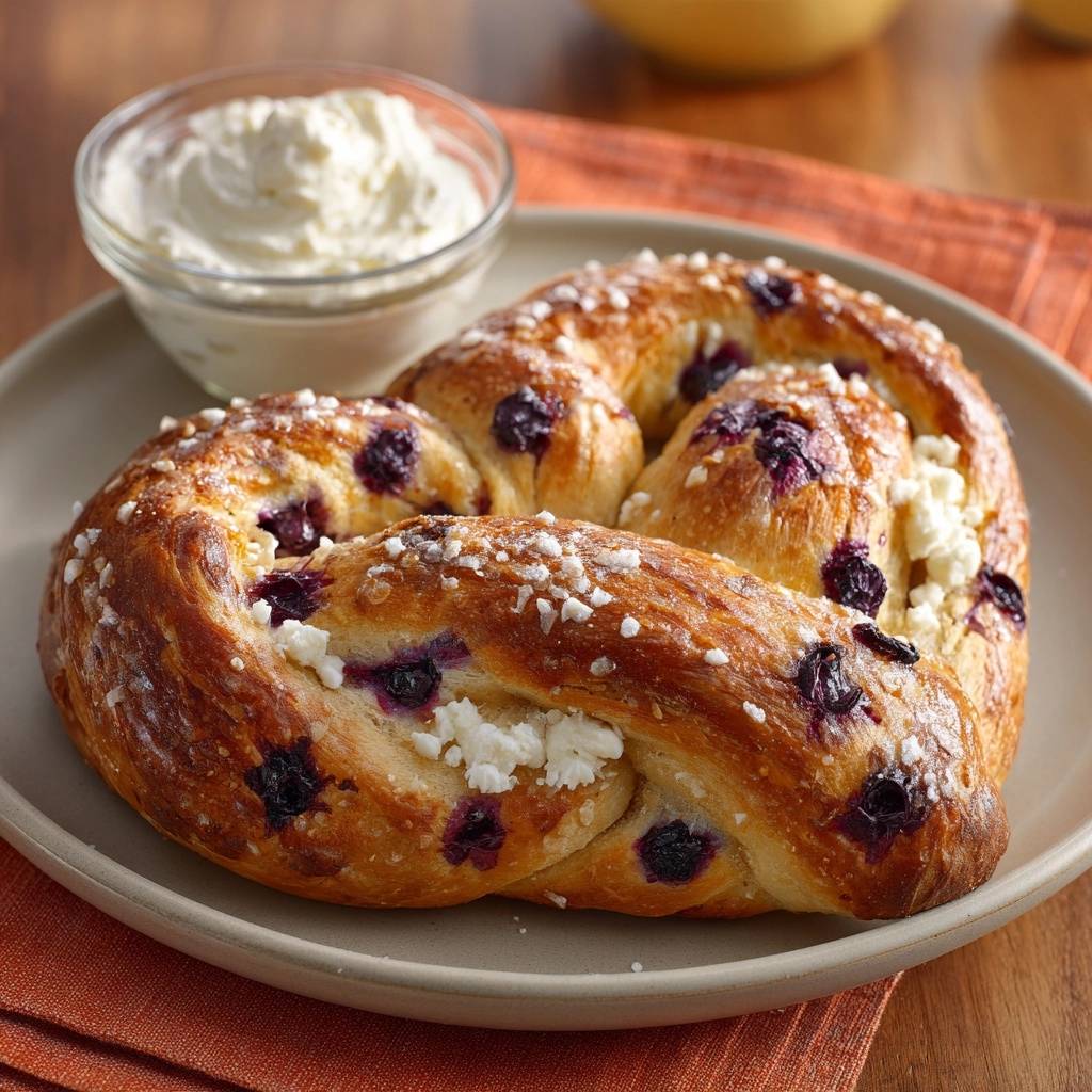 Fluffige Blaubeer-Quark-Brezel als Nahaufnahme auf einem Teller mit einem Schälchen Dip daneben serviert.