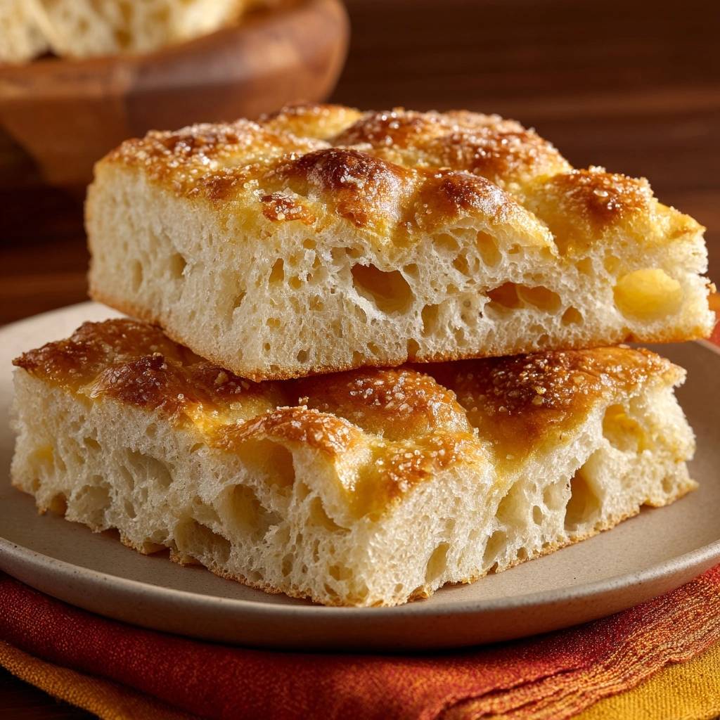 Perfekte Focaccia im Detail angeschnitten, mit sichtbarer luftiger Krume und goldbrauner Oberseite.