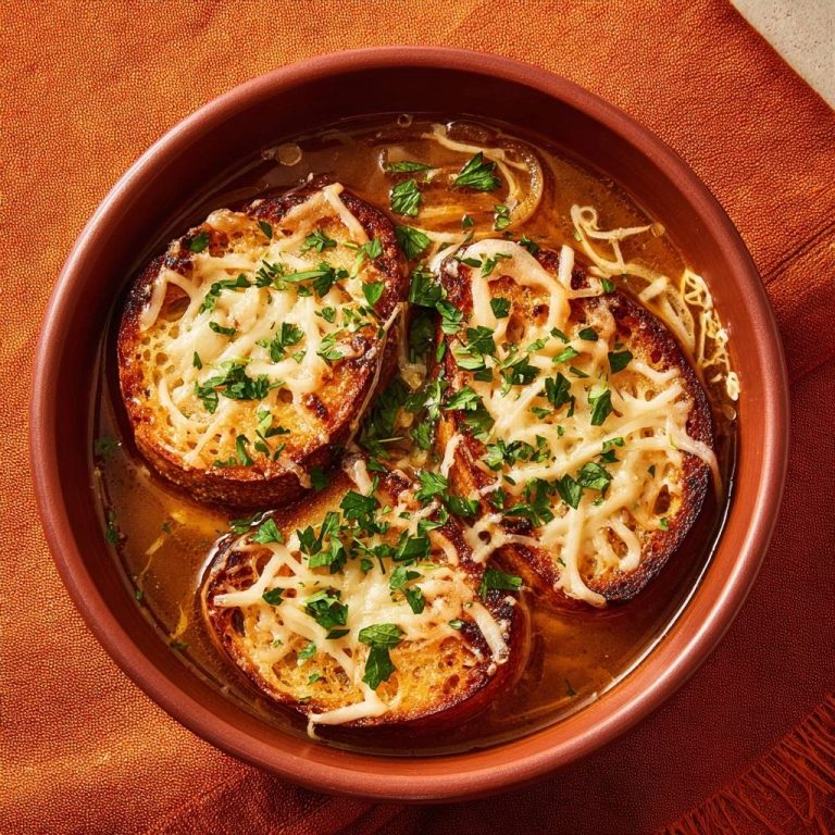 Französische Zwiebelsuppe mit drei gerösteten Brotscheiben, überbacken mit geschmolzenem Käse und garniert mit Petersilie.
