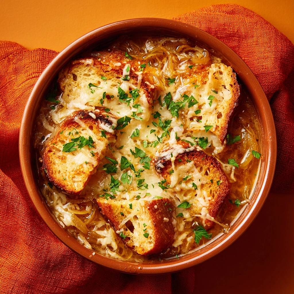 Französische Zwiebelsuppe mit geschmolzenem Käse und geröstetem Brot, garniert mit Petersilie, in einer braunen Schüssel.