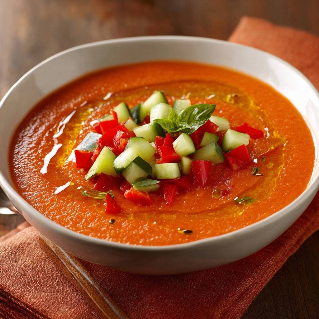 Frische Tomaten-Gazpacho mit Gurke und Paprika, garniert mit Basilikum und einem Schuss Olivenöl.