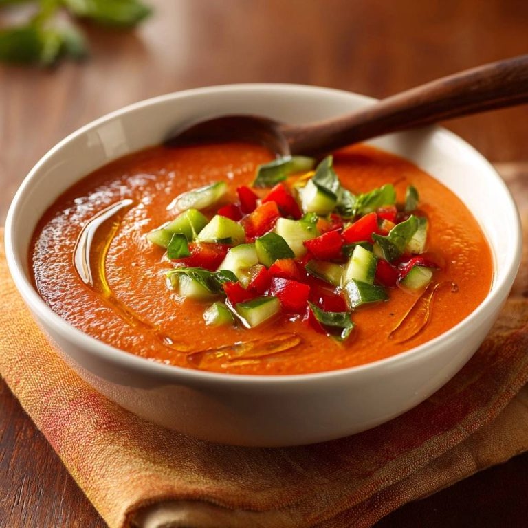 Frische Tomaten-Gazpacho mit Gurke und Paprika, garniert mit frischen Kräutern und einem Schuss Olivenöl.
