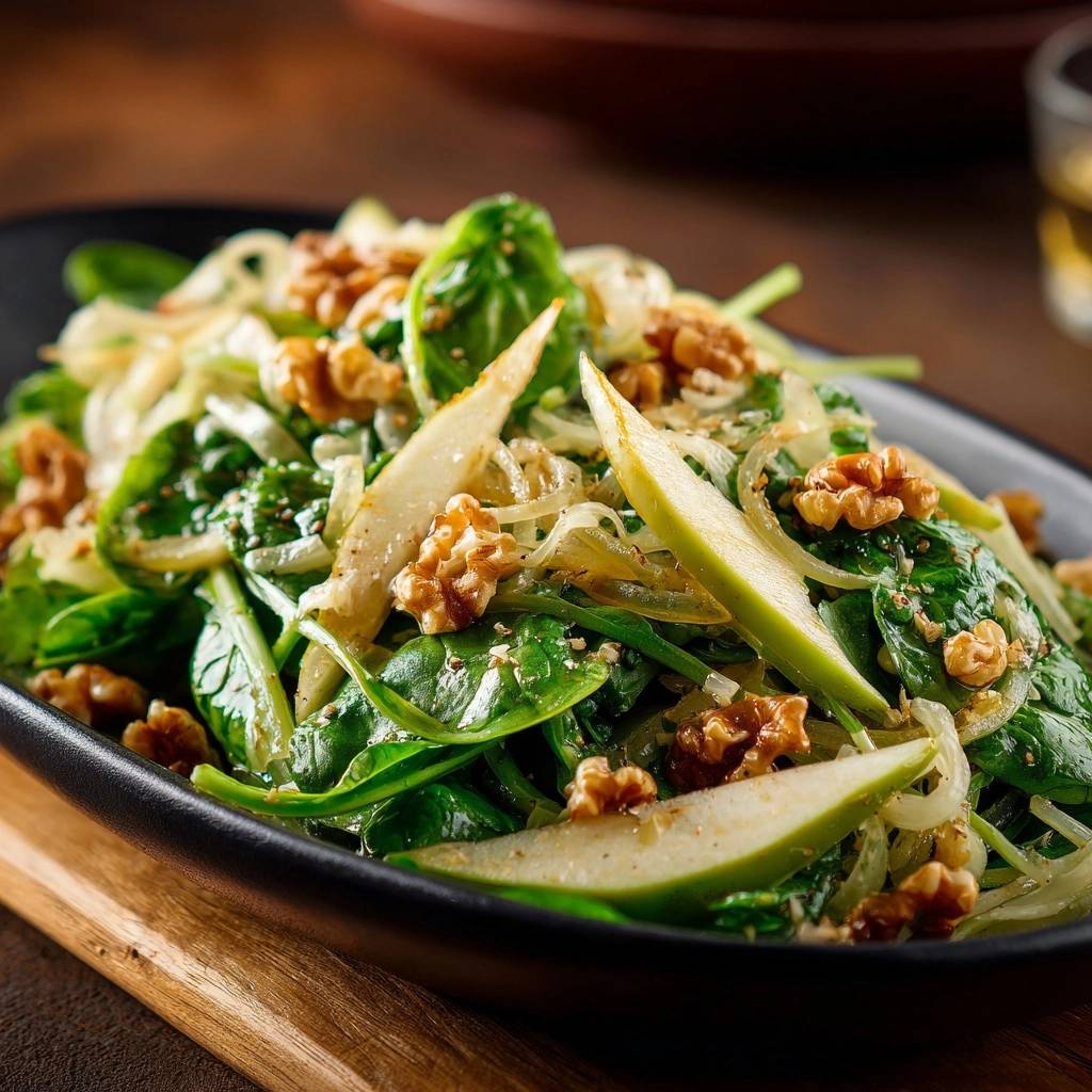 Frischer Spinatsalat mit Apfel und Walnüssen als Nahaufnahme mit Fokus auf die knackigen Zutaten und die Textur.