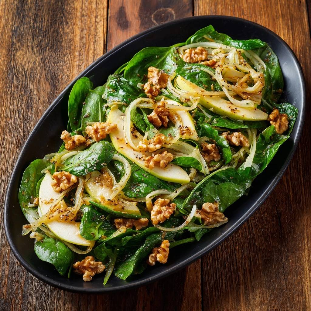 Frischer Spinatsalat mit Apfel und Walnüssen als Nahaufnahme von oben auf einem ovalen Teller, appetitlich angerichtet.