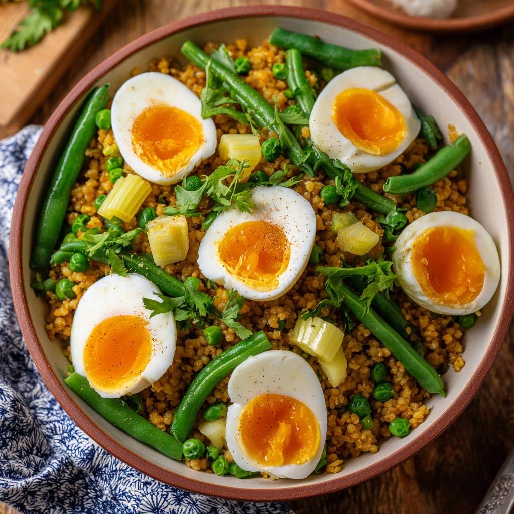 Frühlings-Couscous mit grünem Spargel und Ei, eine Nahaufnahme der Schüssel mit halbierten Eiern und Beilagen.