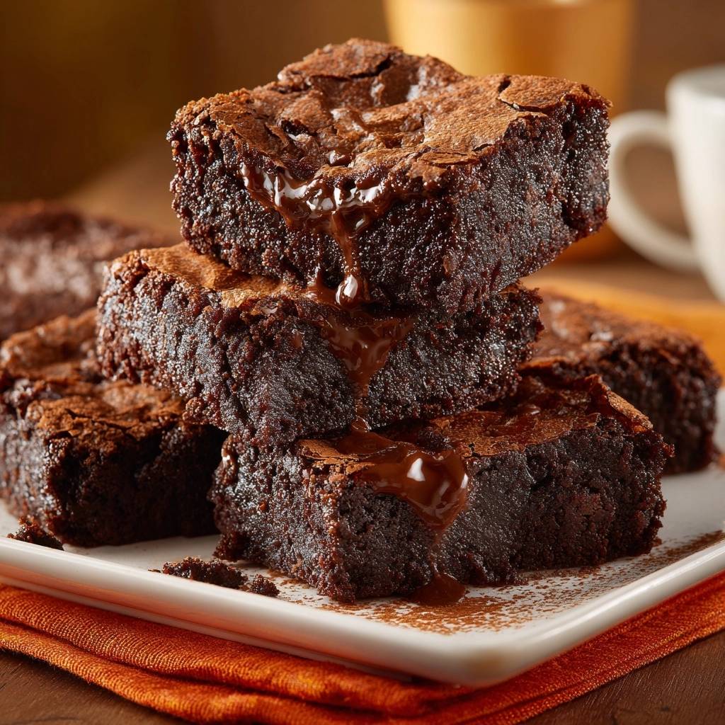 Ultimative fudgy Schoko-Brownies gestapelt auf einem Teller, mit geschmolzener Schokoladenglasur, die darüber tropft.