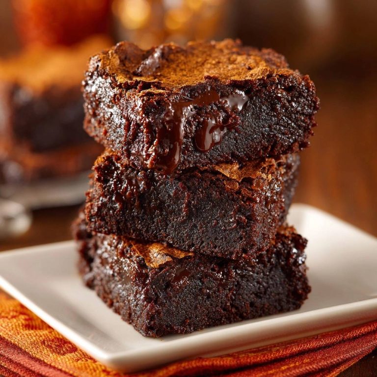 Ultimative Fudgy Schoko-Brownies gestapelt auf einem Teller, mit geschmolzener Schokolade und Puderzucker bestäubt.